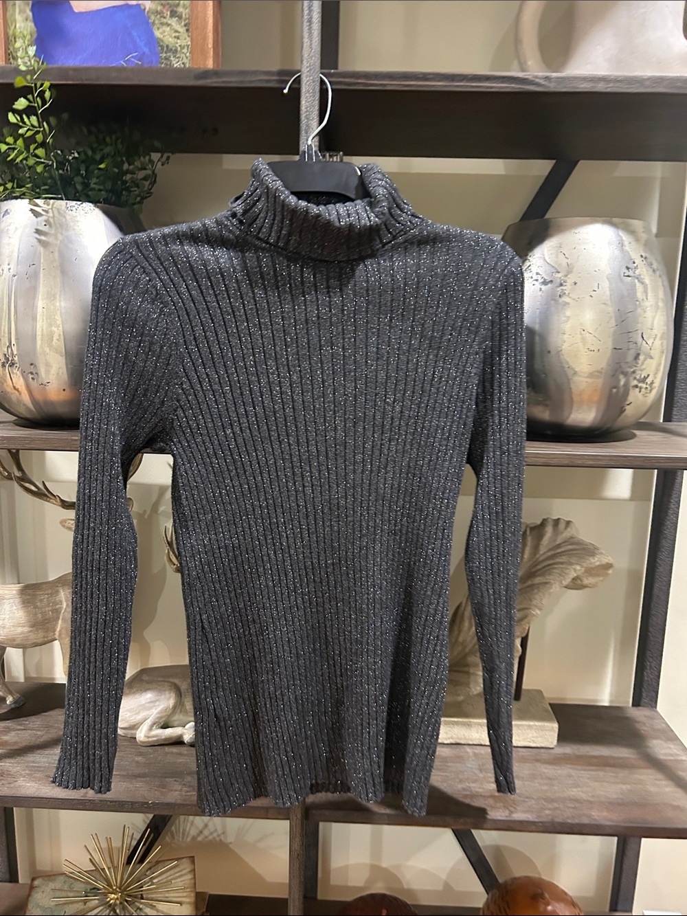 Chico’s 0 Women's Metallic Ribbed Turtleneck Sweater - Charcoal